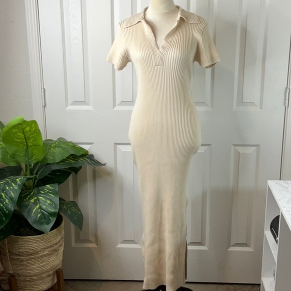 Joie Dress Women's Beige Knit Ribbed Collared Short Sleeve Maxi NWOT Size L - Picture 1 of 12